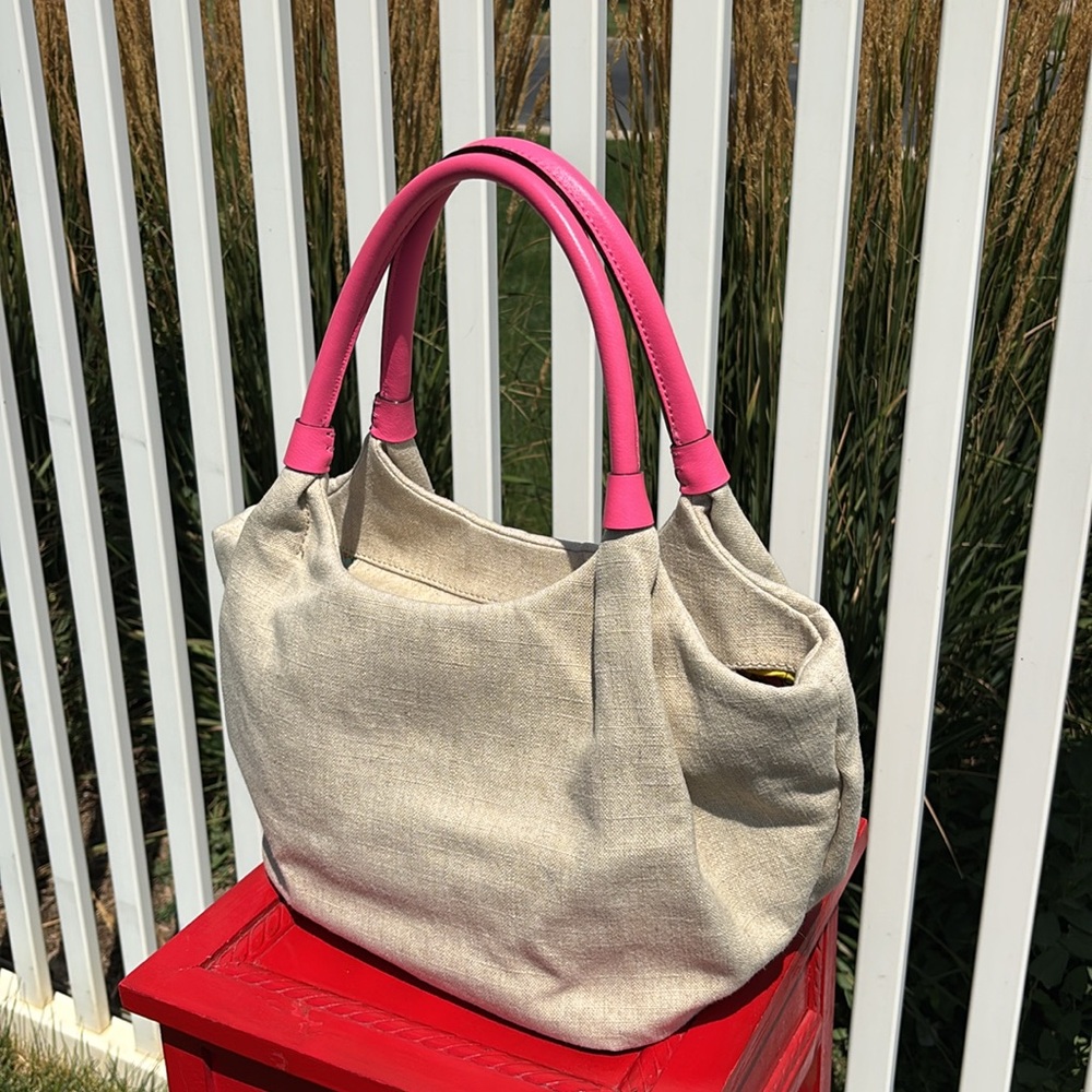 Kate Spade Linen and Hot Pink Satchel, 16” x 9” x 7”, Clean - Picture 3 of 8
